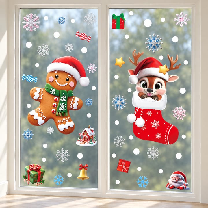 Christmas Static Cling Window Decorations, 2 sheets: gingerbread man and reindeer