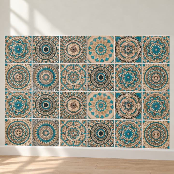 Geometric and Floral Peel and Stick Tile Stickers, Teal and tan mandala