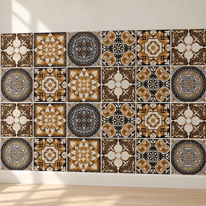 Geometric and Floral Peel and Stick Tile Stickers, Brown and gold medallion