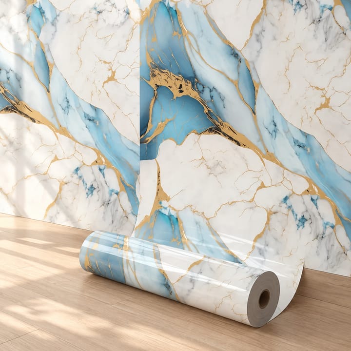 Marble Peel and Stick Backsplash Paper, Blue and gold marble