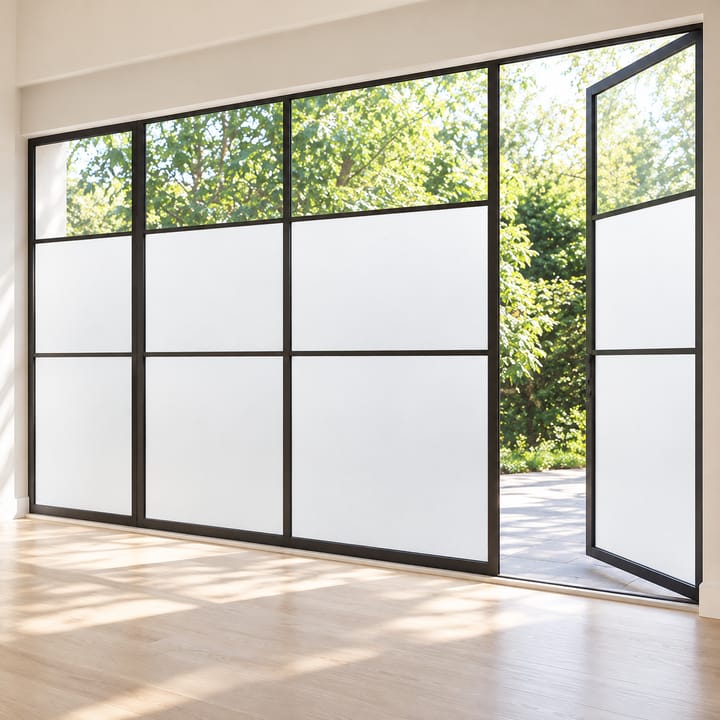 Dining area with matte white frosted film on the lower panes of tall glass doors