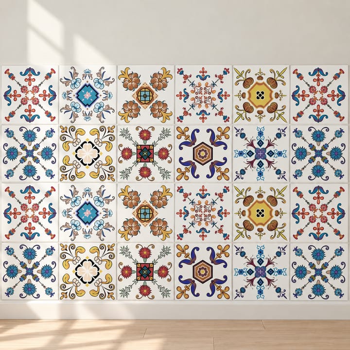 Geometric and Floral Peel and Stick Tile Stickers, Colorful folk on white