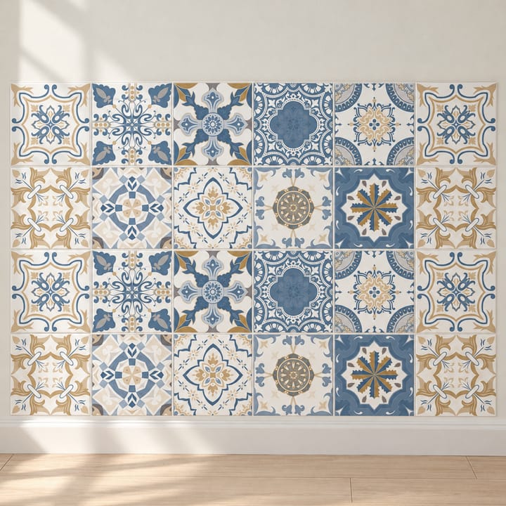 Geometric and Floral Peel and Stick Tile Stickers, Blue and beige geometric