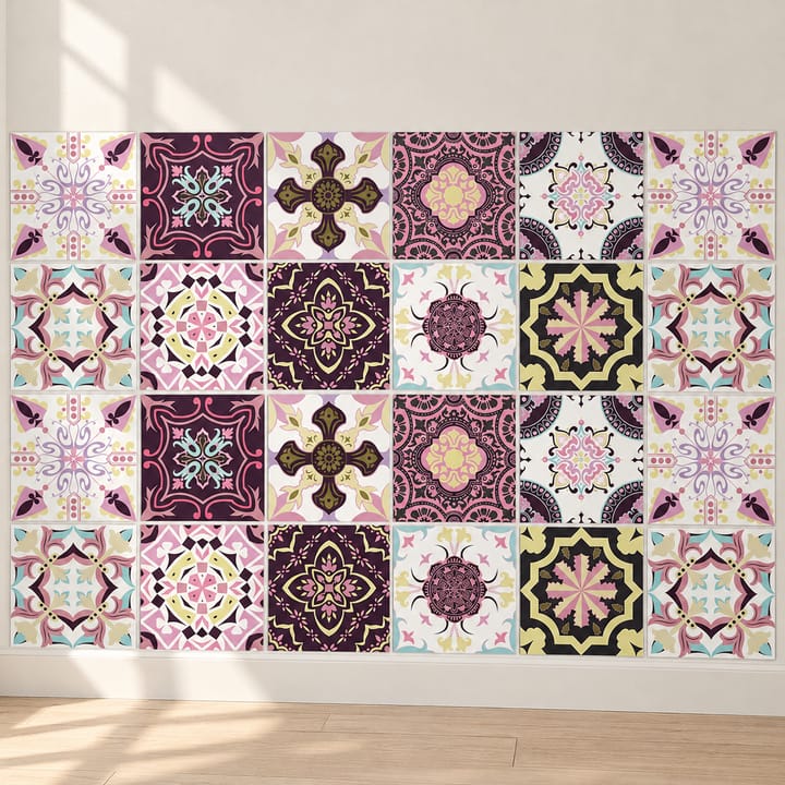Geometric and Floral Peel and Stick Tile Stickers, Pink and plum ornate