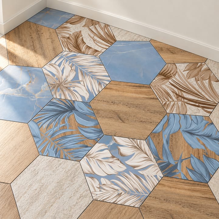 Hexagon Wood Grain and Floral Floor Tiles, Blue and tan floral
