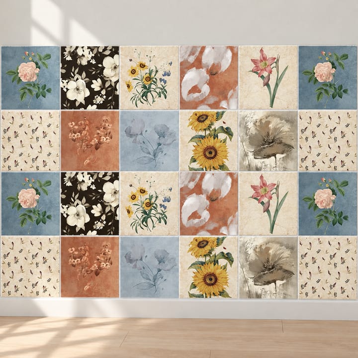 Geometric and Floral Peel and Stick Tile Stickers, Blue and cream botanical