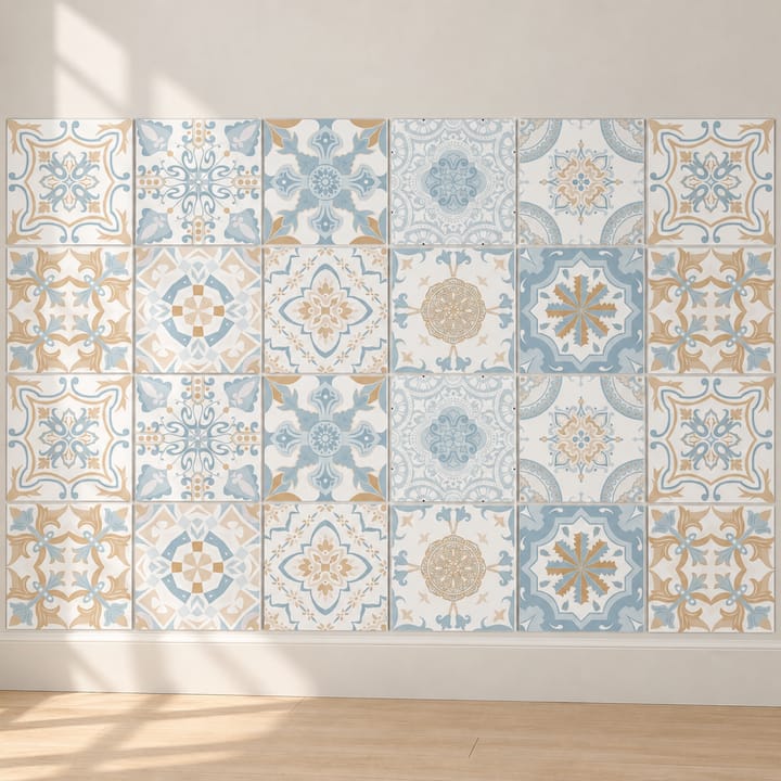 Geometric and Floral Peel and Stick Tile Stickers, Light blue and beige medallion