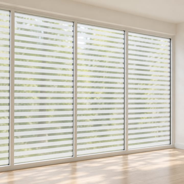 Living room with frosted stripe film across tall windows
