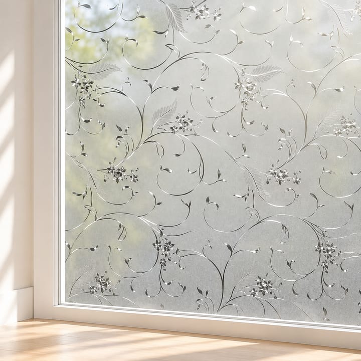 Frosted Static Cling Privacy Window Film, Silver floral swirl
