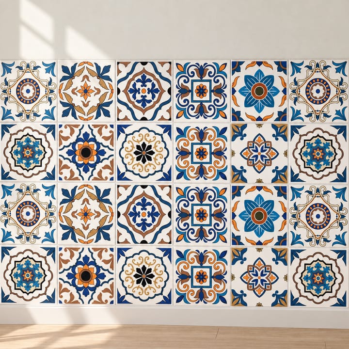 Geometric and Floral Peel and Stick Tile Stickers, Navy and orange medallion