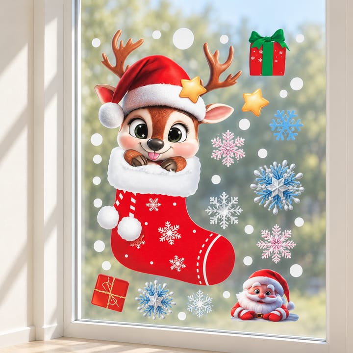 Christmas Static Cling Window Decorations, Reindeer in stocking