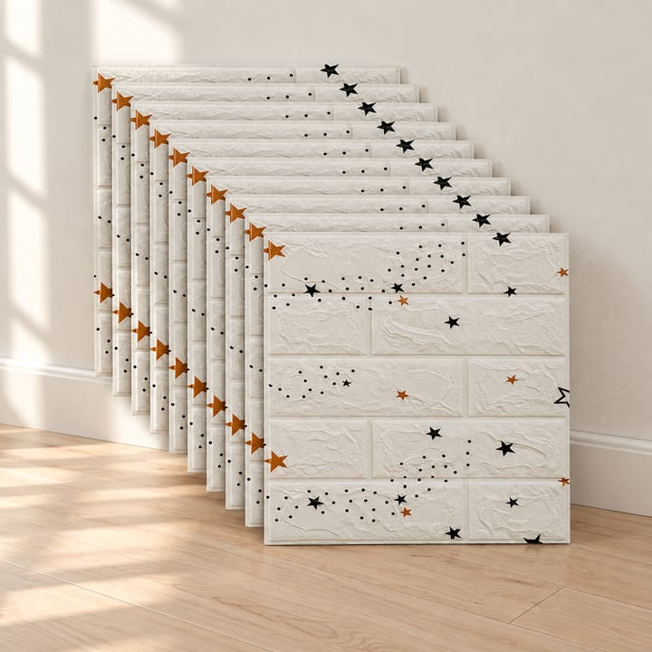 Stack of white foam brick tiles printed with small stars