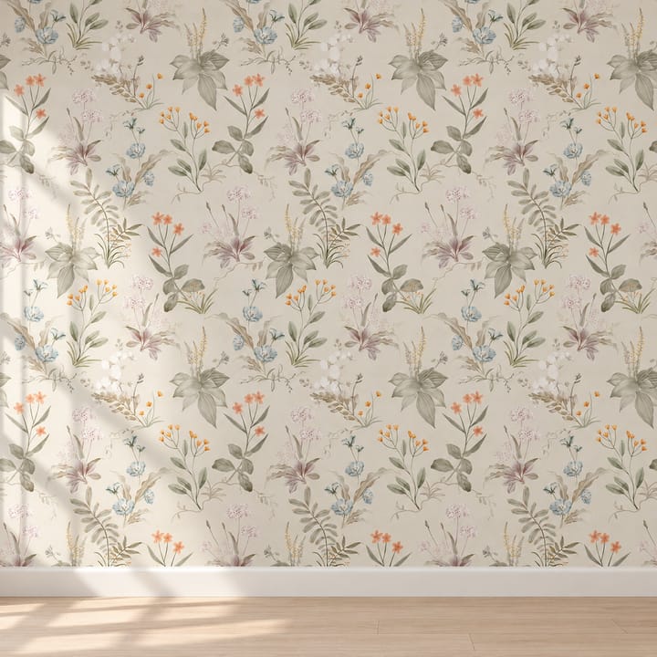 Cream meadow wildflower wallpaper behind a pale wood bench with books and a teapot