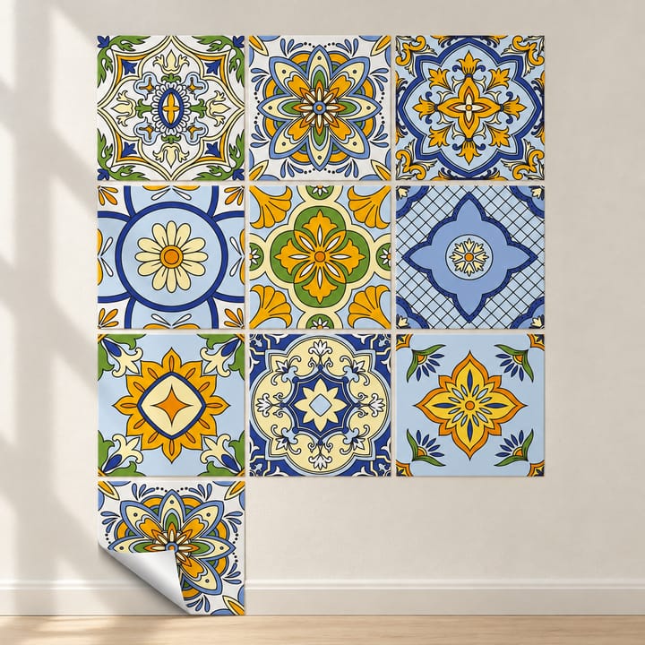 Mandala Peel and Stick Tile Sticker, Yellow and blue tile