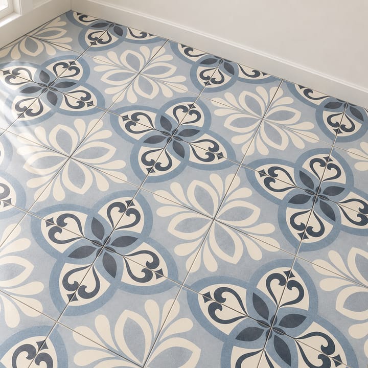 Garden Medley Peel and Stick Floor Tiles, Blue and gray floral