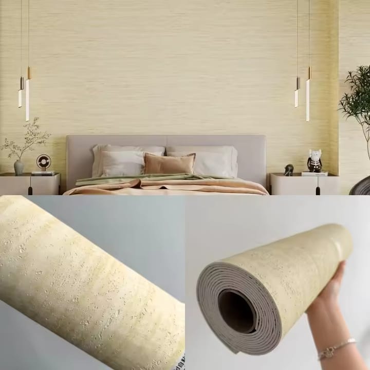 Cream travertine finish in a bedroom, with close-ups of the roll