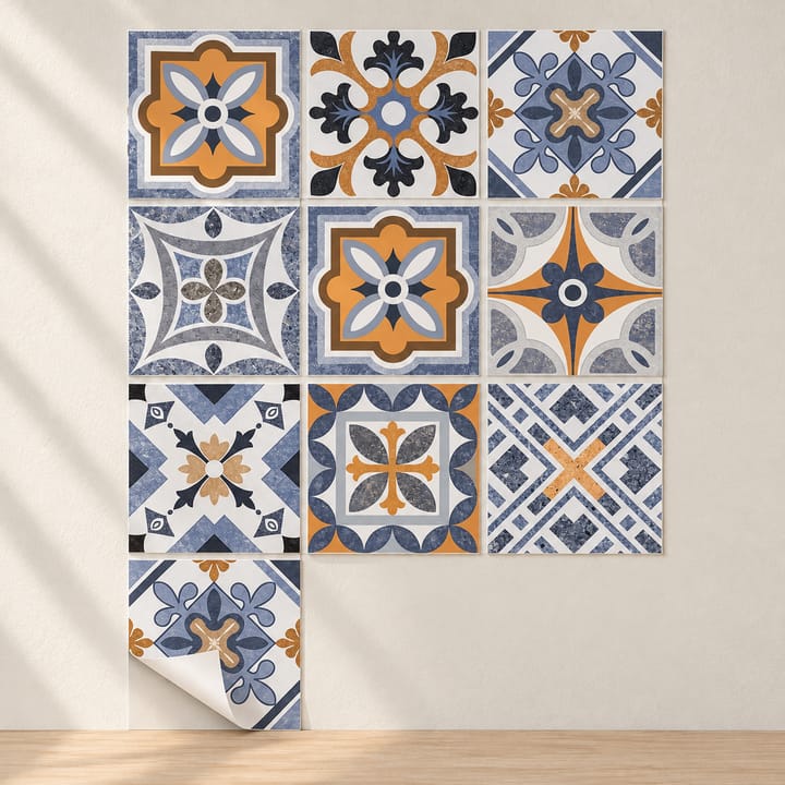 Medallion Mix Peel and Stick Tile Sticker, Blue and orange geometric mix