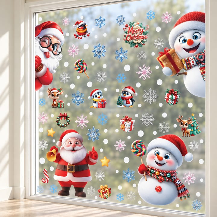 Christmas Static Cling Window Decorations, 4 sheets: Santa, snowman, gingerbread man, reindeer