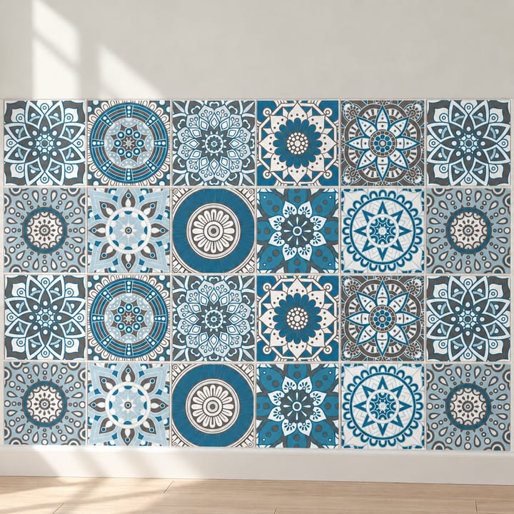 Geometric and Floral Peel and Stick Tile Stickers, Blue and gray medallion