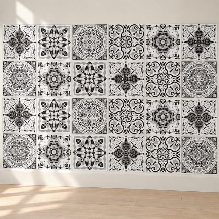 Geometric and Floral Peel and Stick Tile Stickers, Black and white damask